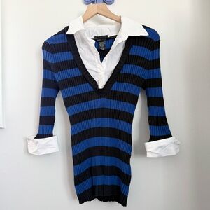 Y2K Large Layered Knit Sweater Collar Shirt Stripe Black Blue Academia Slim Fit